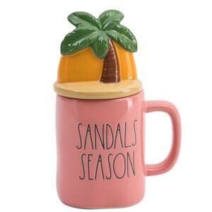 Rae Dunn Sandals Season Mug w Lid Palm Tree Summer Coffee Tea Cup Tropical Decor